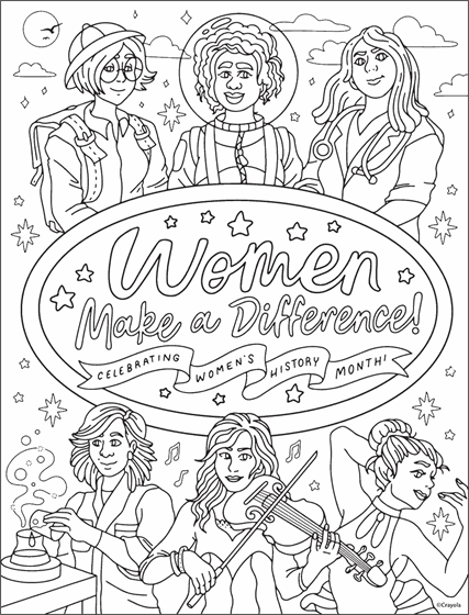 Celebrating women's history month messaging, with women as explorers, doctors, astronauts, scientists, musicians, and dancers.