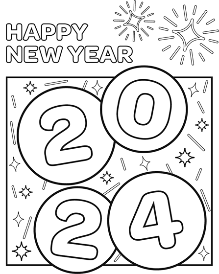 Happy New Year 2024 Coloring Page for Kids