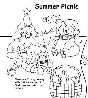 Summer picnic with 7 things wrong including a Christmas tree and polar bear images