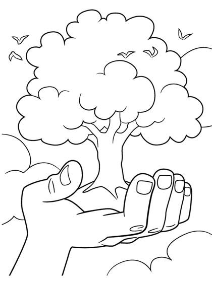 Hand holding small tree surrounded by clouds and birds
