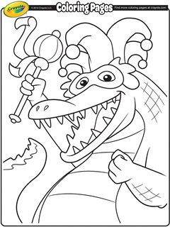 Alligator with mardi gras mask and jester hat waving festive baton