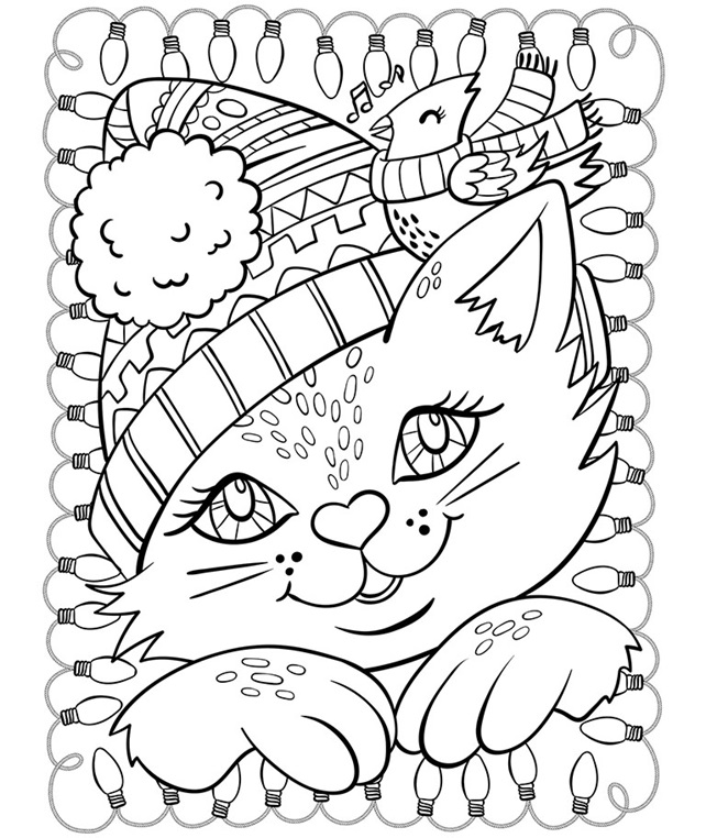 Coloring Pic Of Cat Christmas Cat and Cardinal Coloring Page crayolacom