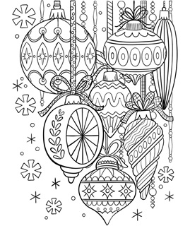 Intricate glass Christmas ornaments hanging surrounded by snowflakes and sparkles
