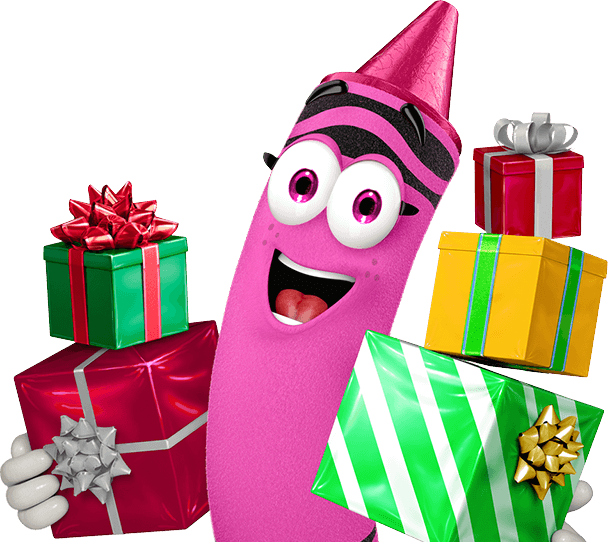 Crayola Pink Crayon Character Carrying Gifts