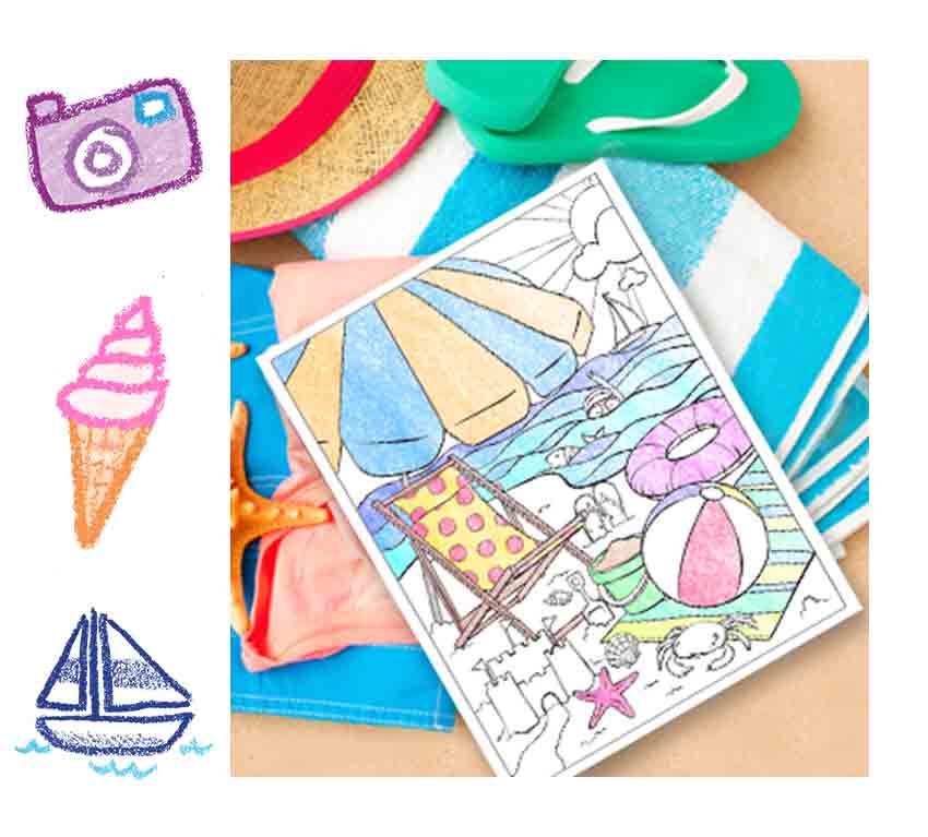Partially colored-in beach scene with umbrella, snorkeler, crab, beach chair, and beach ball