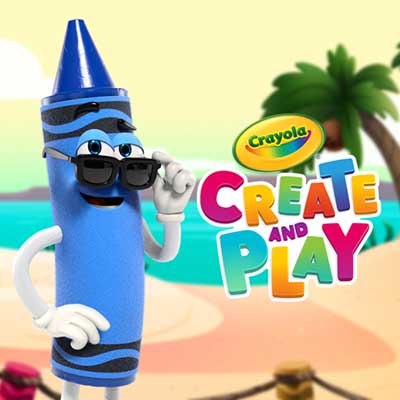 Blue Crayola Crayon character with sunglasses at beach from Create and Play app