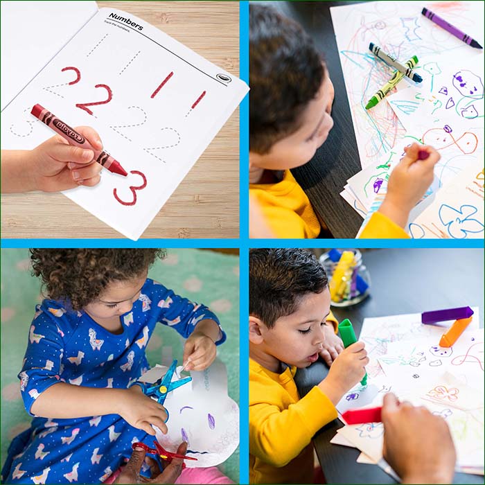 Children playing with a variety of crayola products and toys.