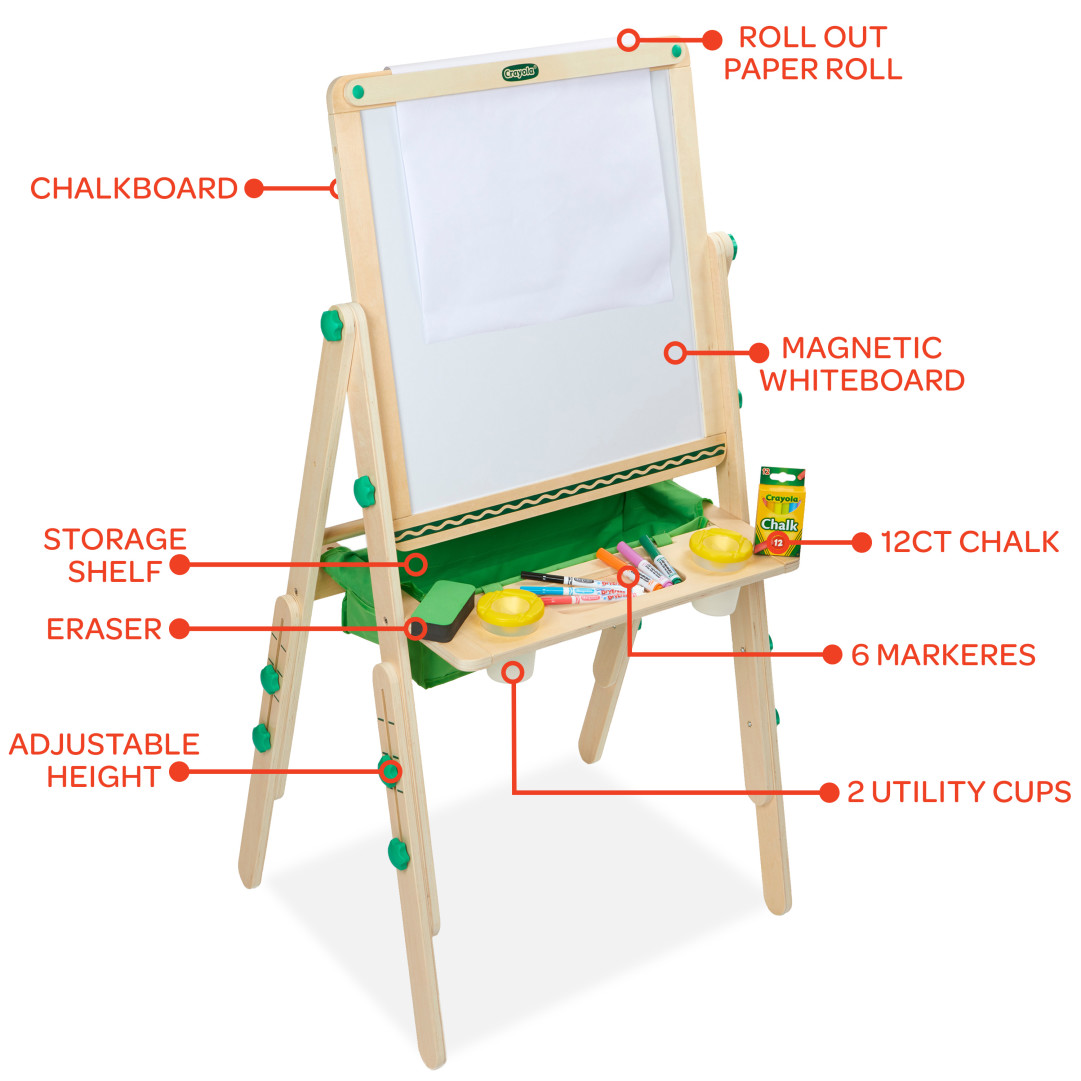 Crayola® Deluxe Kid’s Wooden Art Easel – Dual-Sided, Whiteboard & Chalkboard Contents