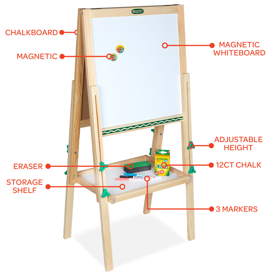 Crayola® Kid’s Wooden Art Easel – Dual-Sided, Whiteboard & Chalkboard Contents