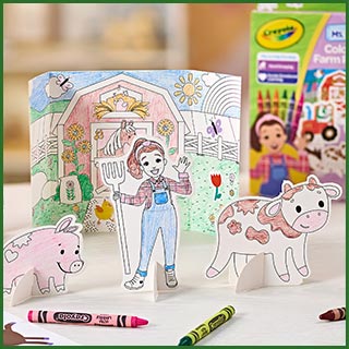 Color and customize Ms. Rachel themed standees and farm scenery.