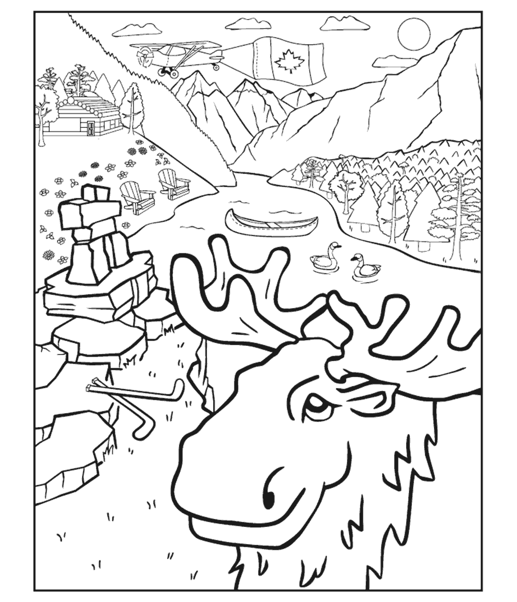 Canada Day free colouring page featuring a moose, hockey sticks, mountains, river and airplane with a canadian flag.