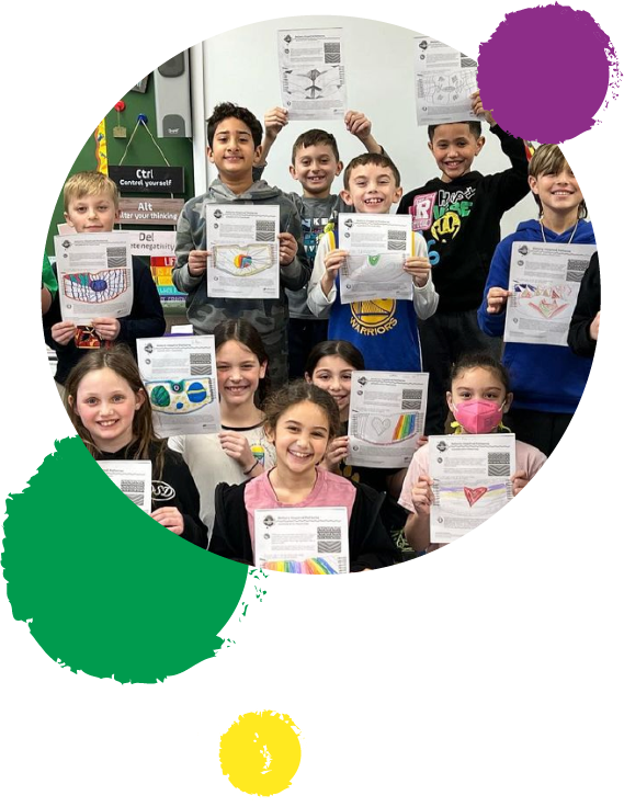 Children displaying activity sheets