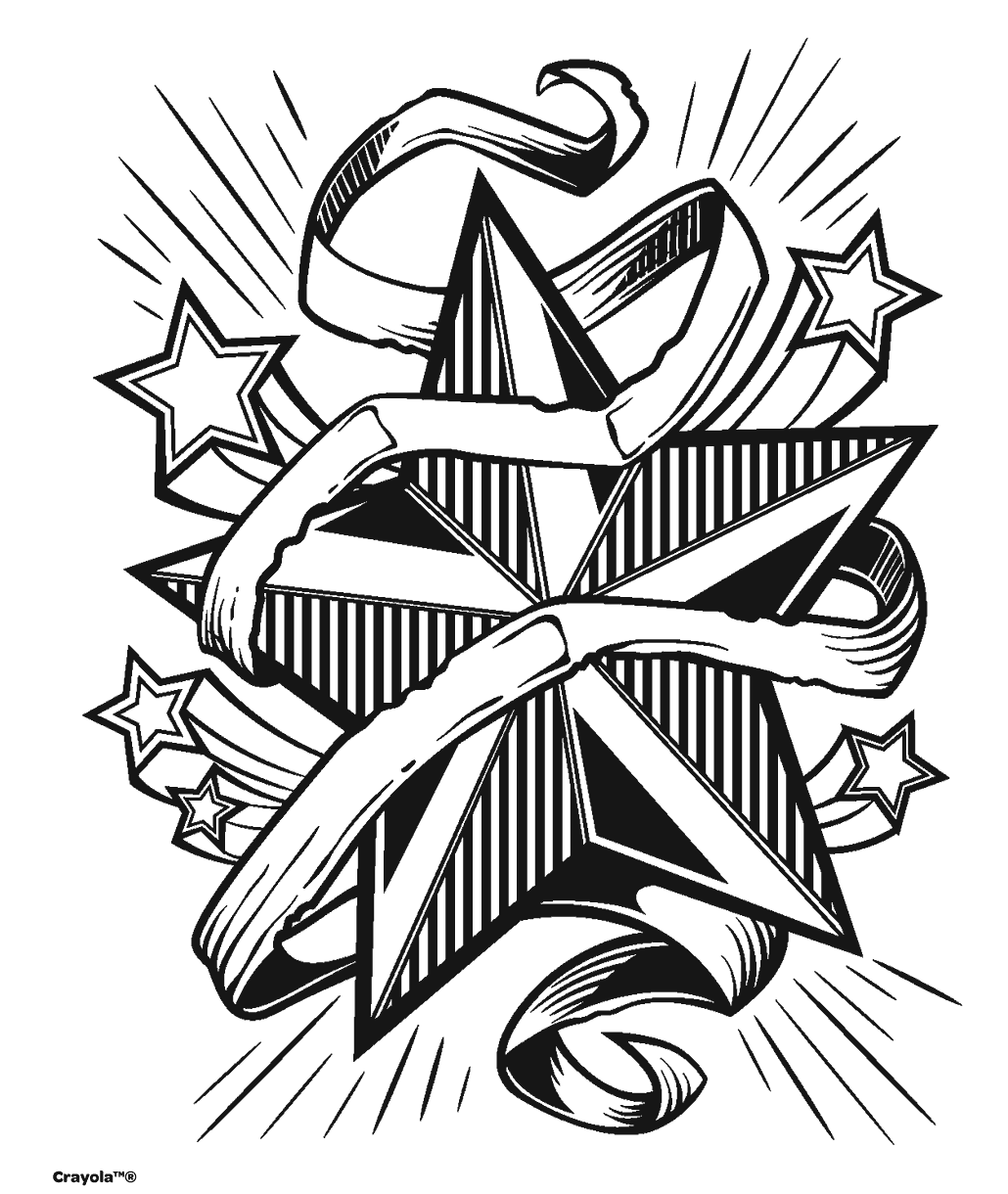 Star coloring page showing a large geometric star wrapped in flowing ribbons and surrounded by smaller stars and decorative line details.