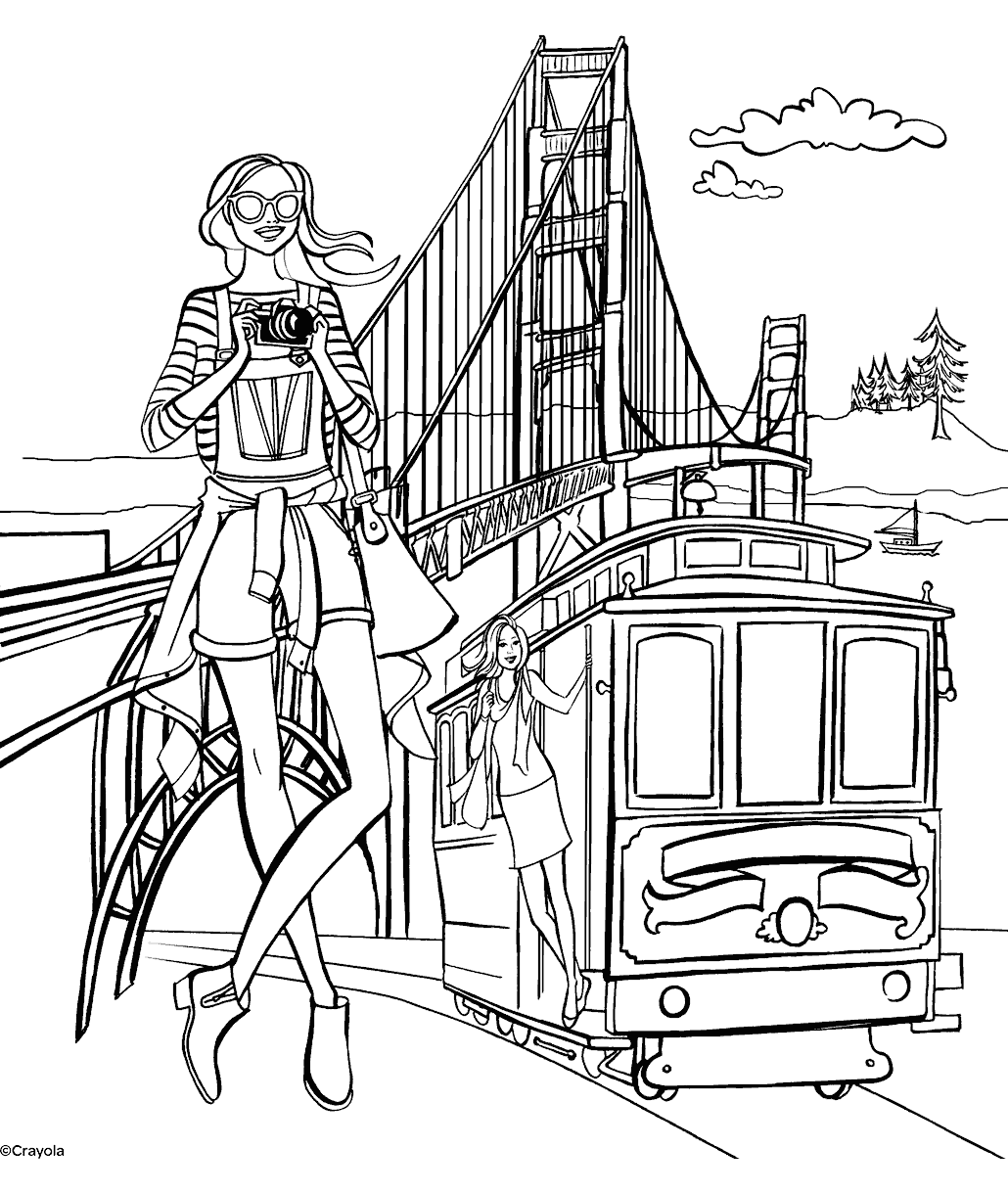 San Francisco Coloring Sheet with Trolley and Woman