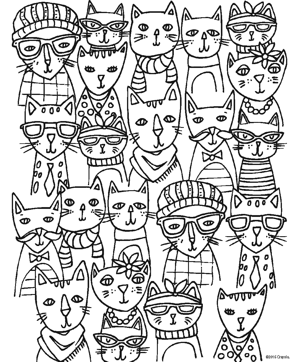 Cat coloring page showing a collection of fashionable cats wearing glasses, scarves, hats, jewelry, and other stylish accessories.