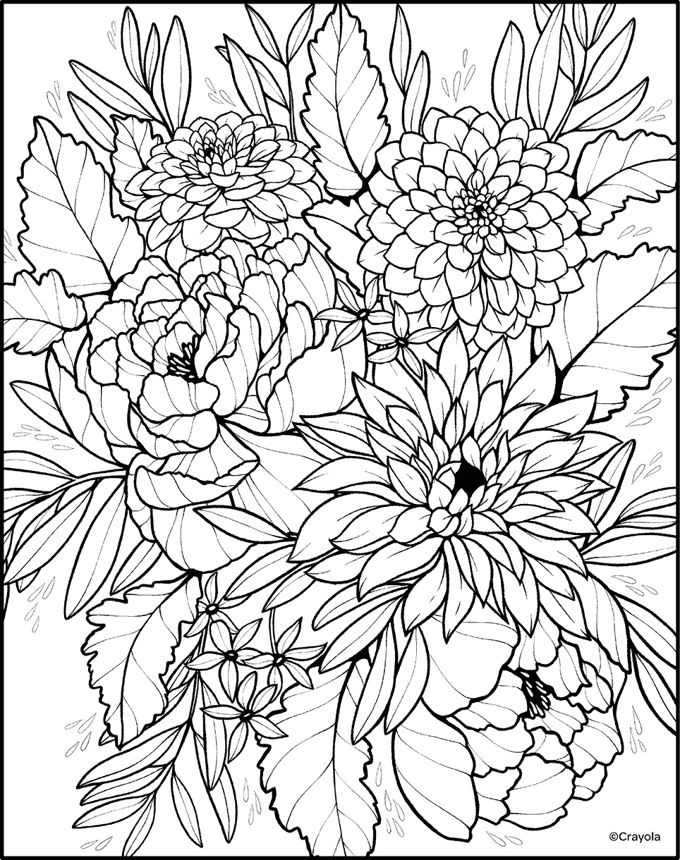 floral arrangement of peonies and dahlias coloring page