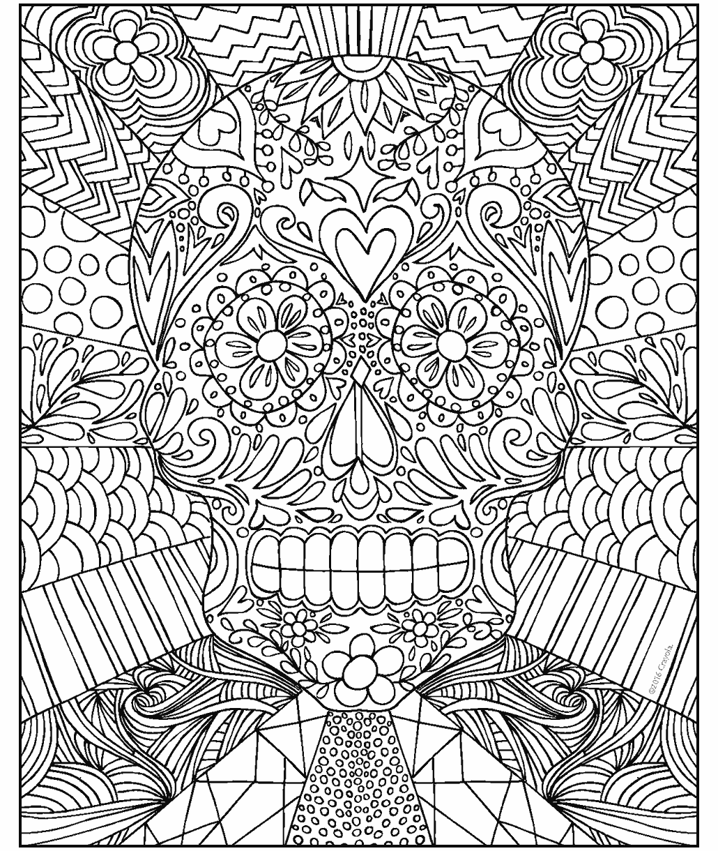 Sugar skull coloring page showing an intricately decorated skull filled with floral designs, hearts, geometric patterns, and ornamental details.