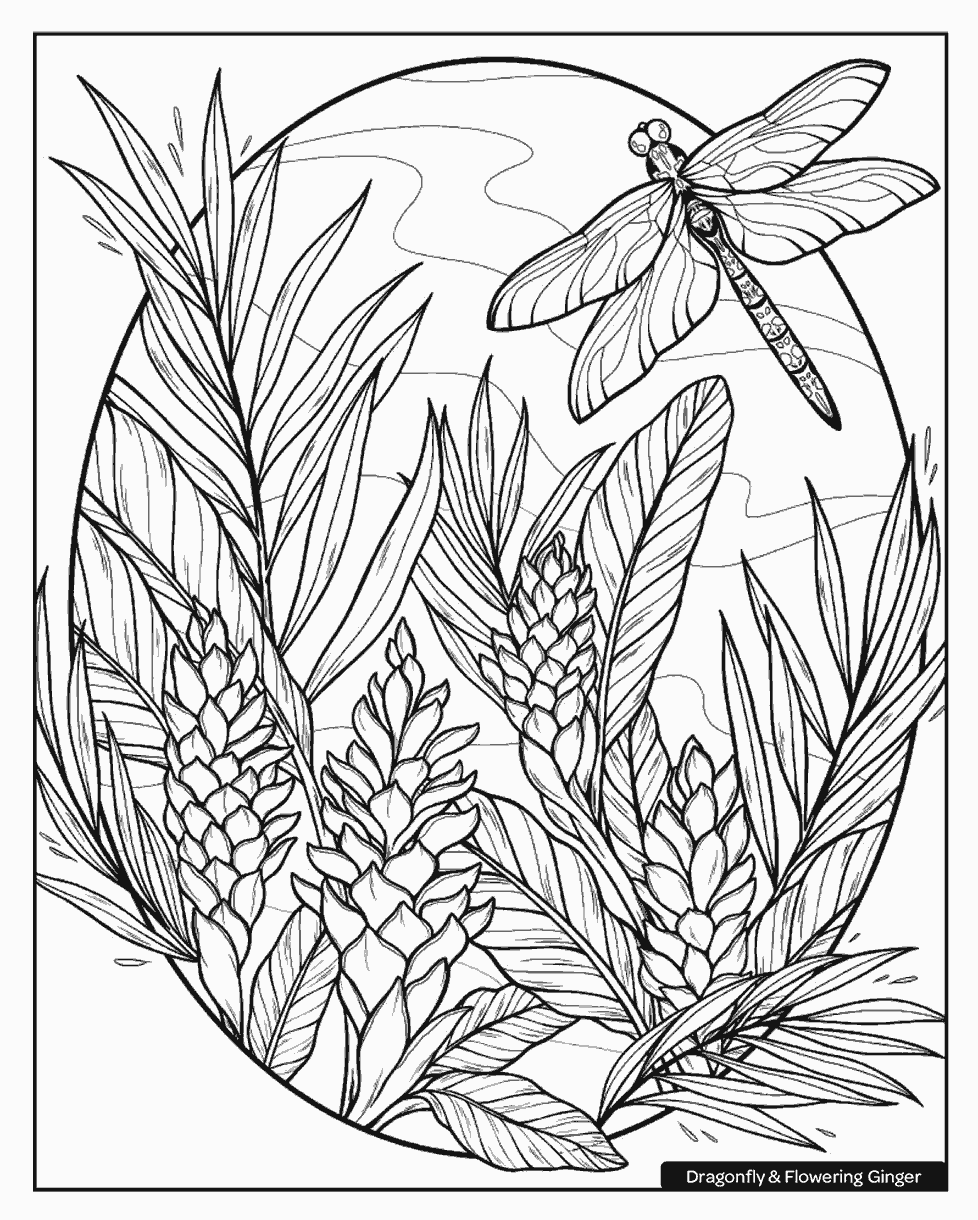 Detailed floral coloring sheet featuring a dragonfly