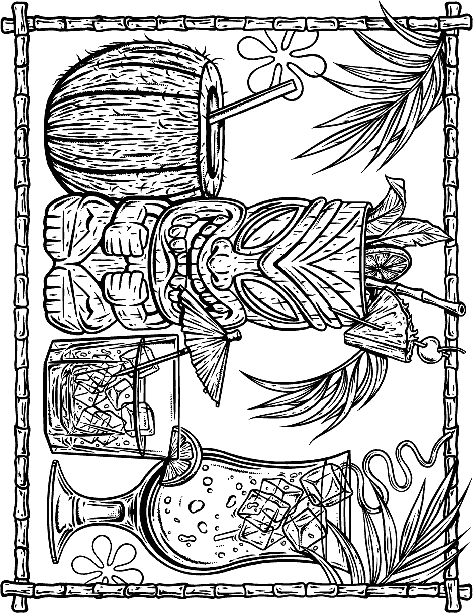 fruity tiki cocktail drinks coloring sheet