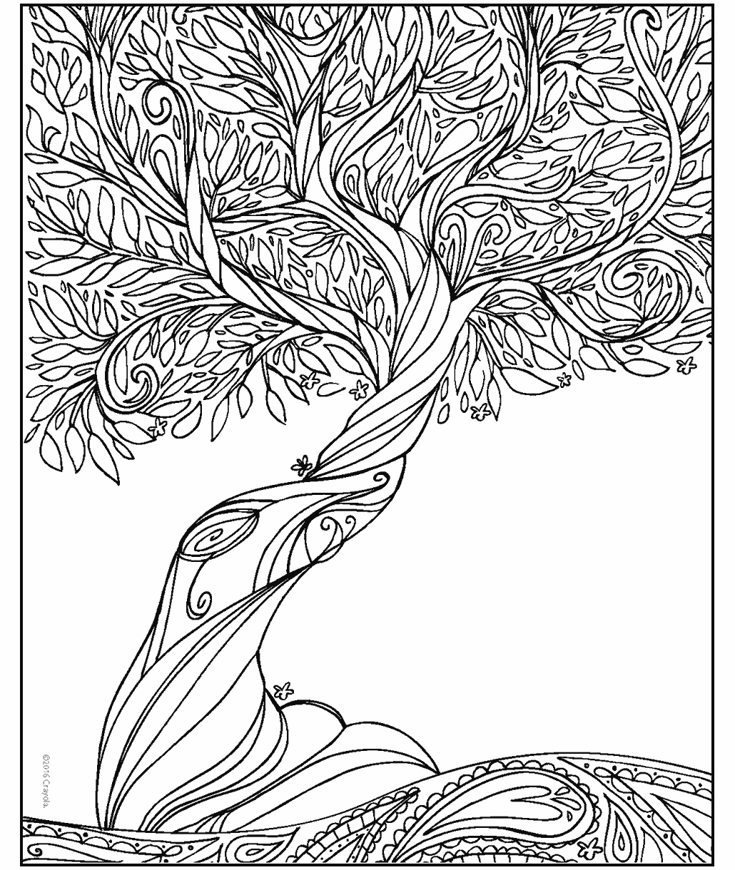 Mystical tree coloring page showing a twisting tree with flowing branches, intricate leaf patterns, and decorative nature-inspired details.