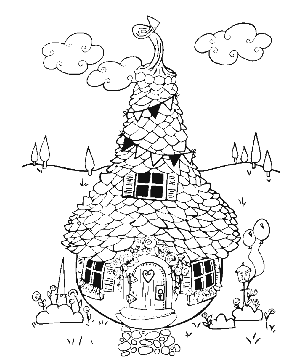 Cottage coloring page showing a whimsical storybook house with a textured roof, flower-lined doorway, shuttered windows, and cozy garden details.