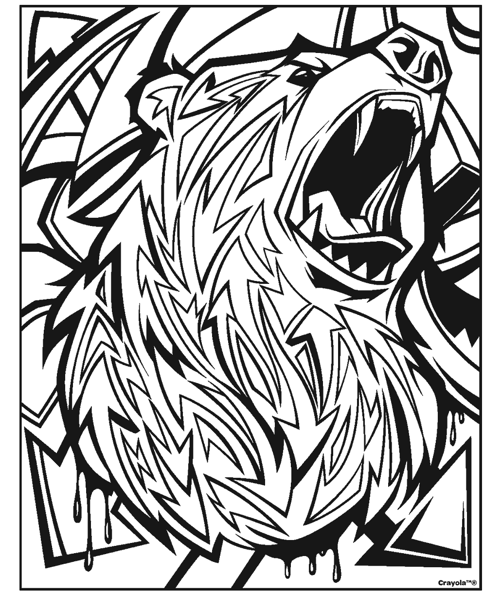 Bear coloring page showing a roaring bear with bold geometric patterns, angular linework, and detailed fur-inspired shapes.