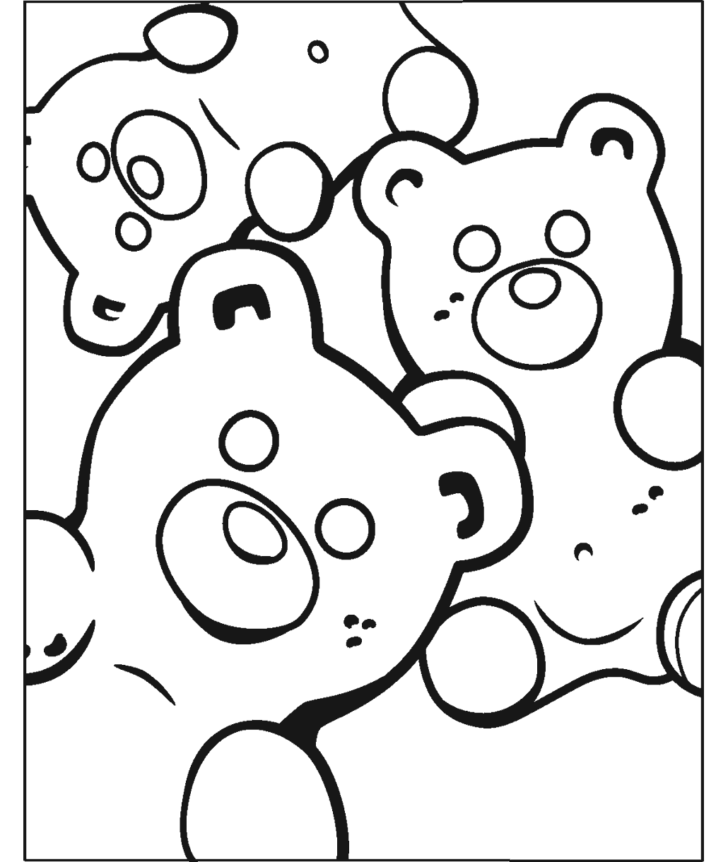 Bear coloring page showing a group of gummy bears arranged together in a playful, whimsical pattern.