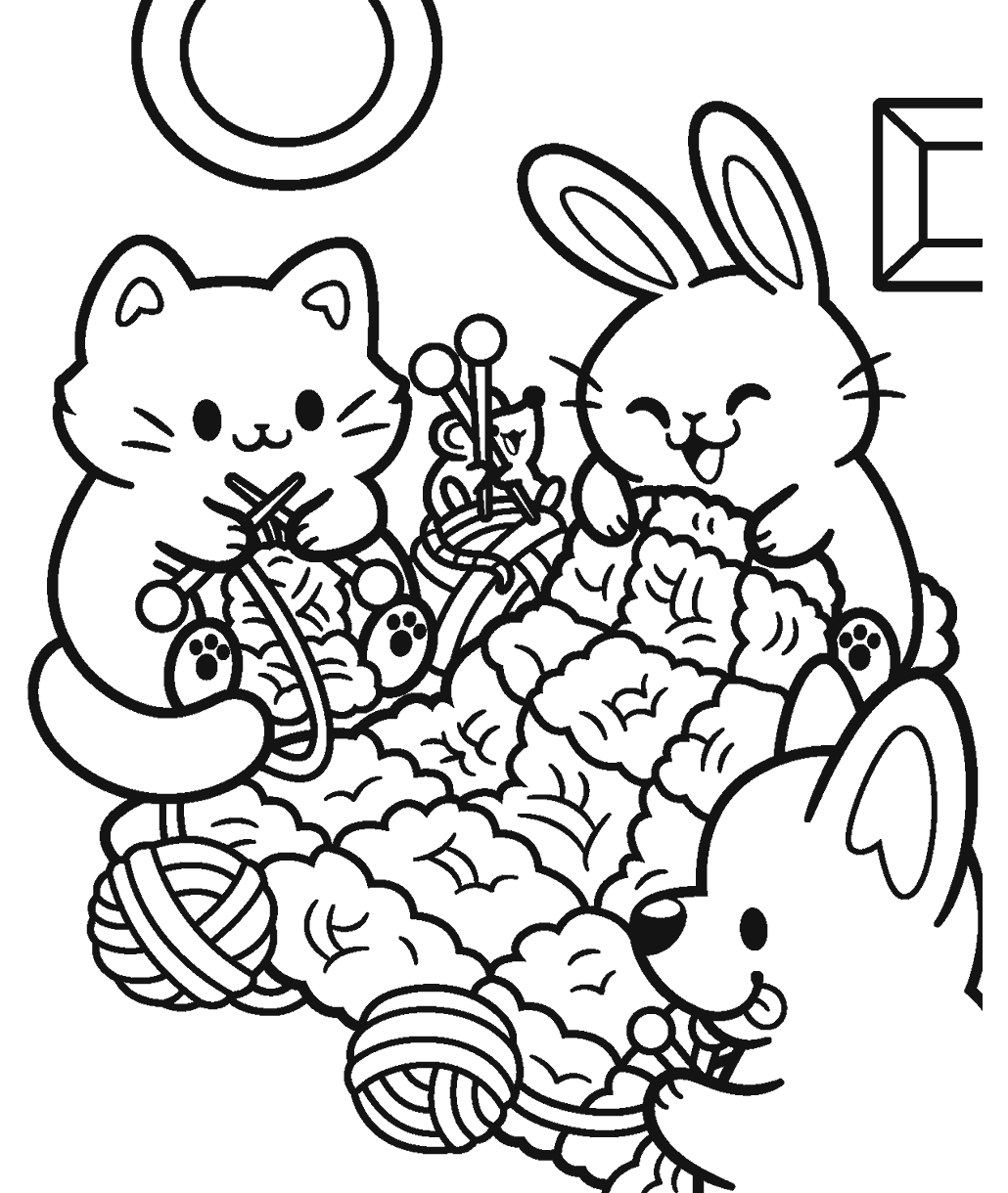 Cozy critter coloring page showing a cat, bunny, and dog surrounded by yarn balls and knitting supplies.