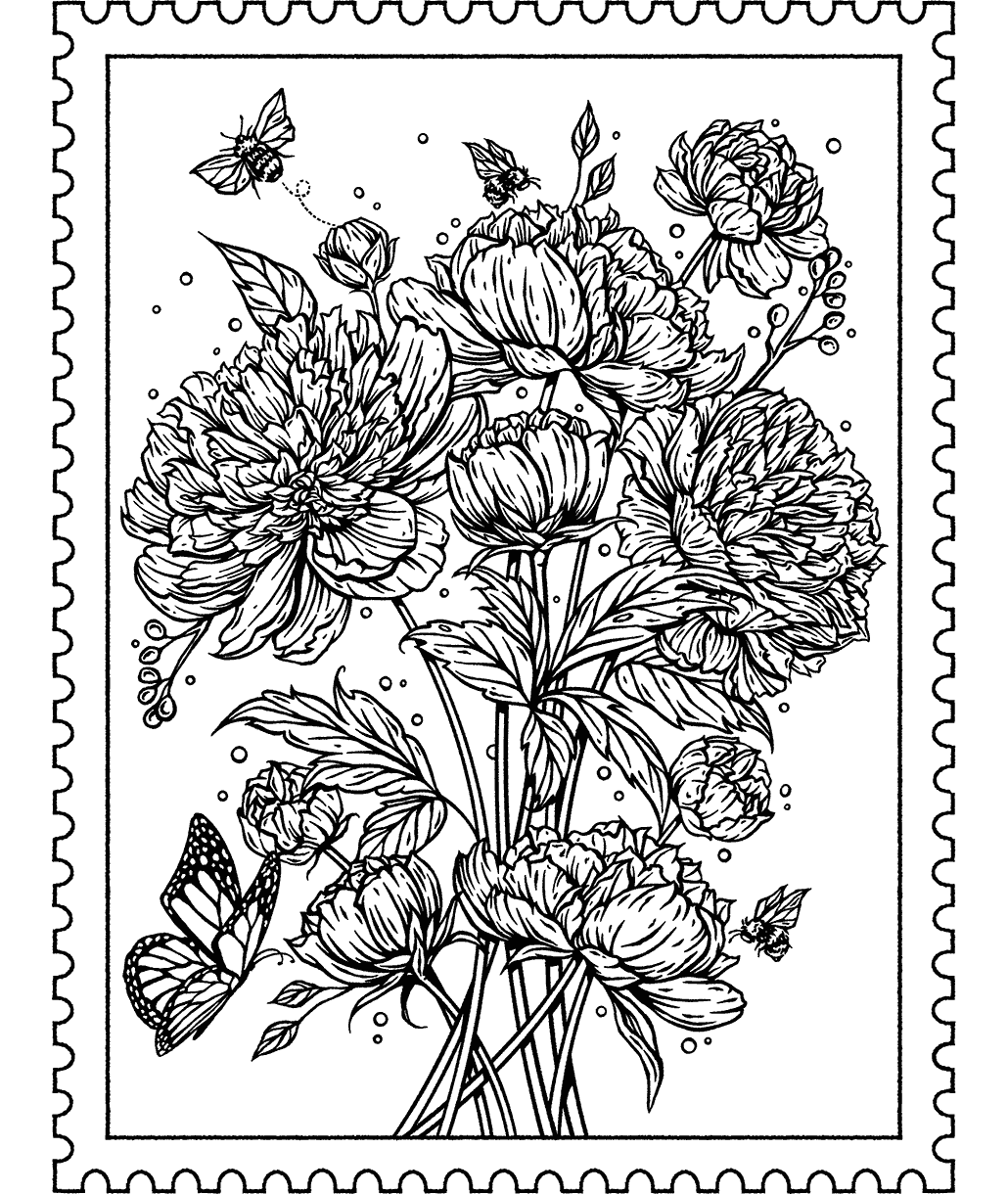 peony boquet stamp coloring sheet with bees and butterflies