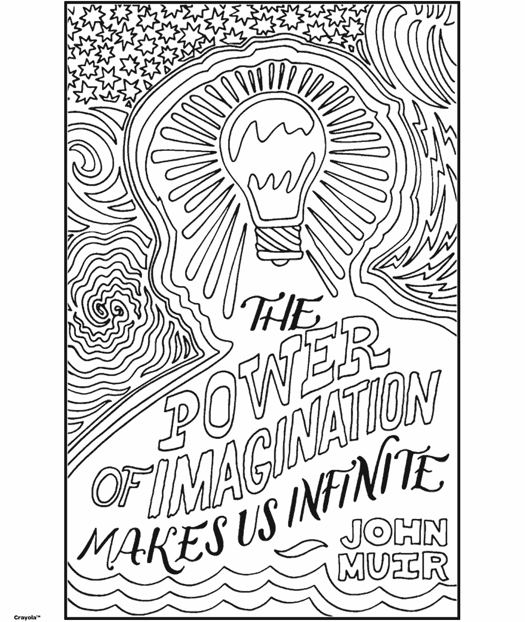 Coloring page featuring a lightbulb inside a head silhouette with swirling patterns and stars, including the quote “The power of imagination makes us infinite” by John Muir