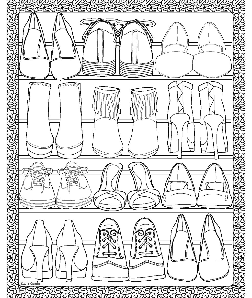 Shoe colouring page showing a collection of heels, boots, flats, sandals, and lace-up shoes arranged on shelves.