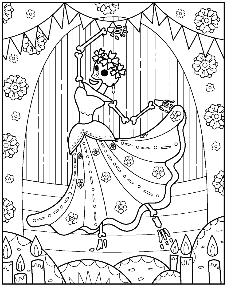 Skeleton coloring page showing a dancing skeleton wearing a flower crown and flowing dress, surrounded by flowers, candles, and decorative banners.