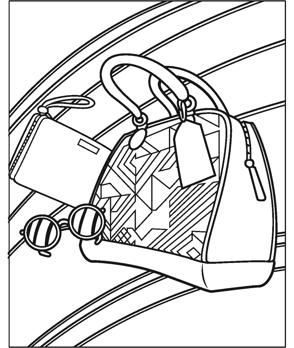 Thrift store finds coloring page showing patterned handbags, sunglasses, and vintage-inspired accessories arranged together.