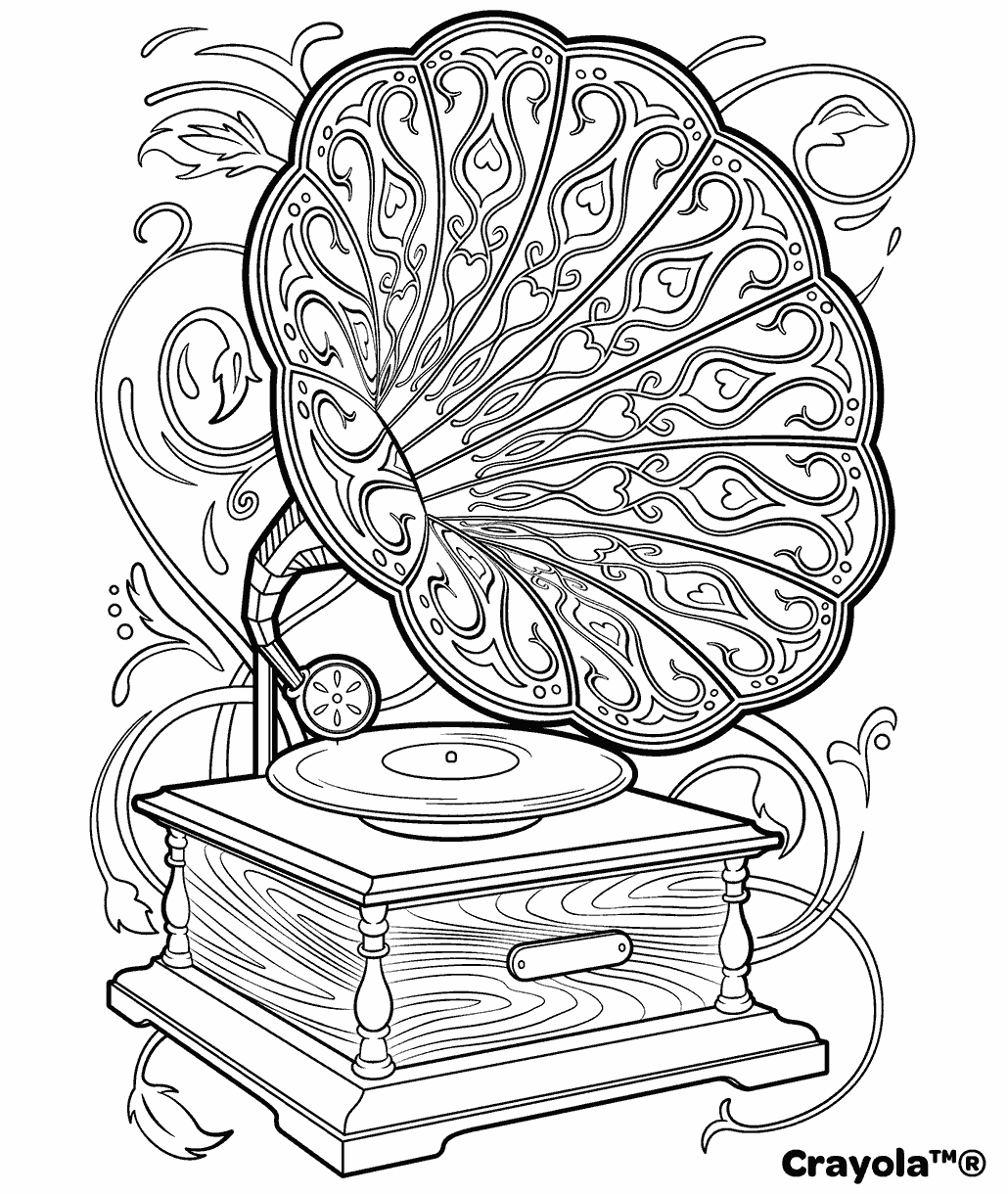 Victrola coloring page showing a vintage phonograph with an intricately patterned horn and decorative swirling designs surrounding it.