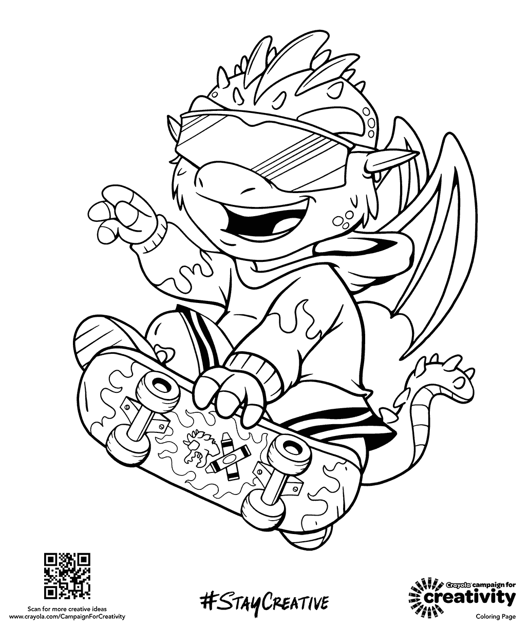 Dragon skateboarding coloring sheet