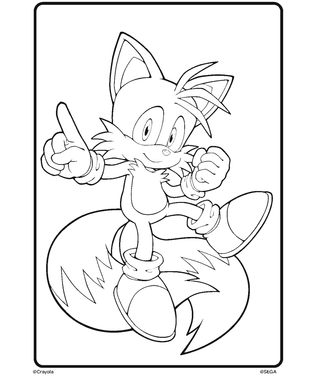 Sonic the Hedgehog coloring page showing Tails standing in an action pose with one finger raised and his two tails visible behind him.