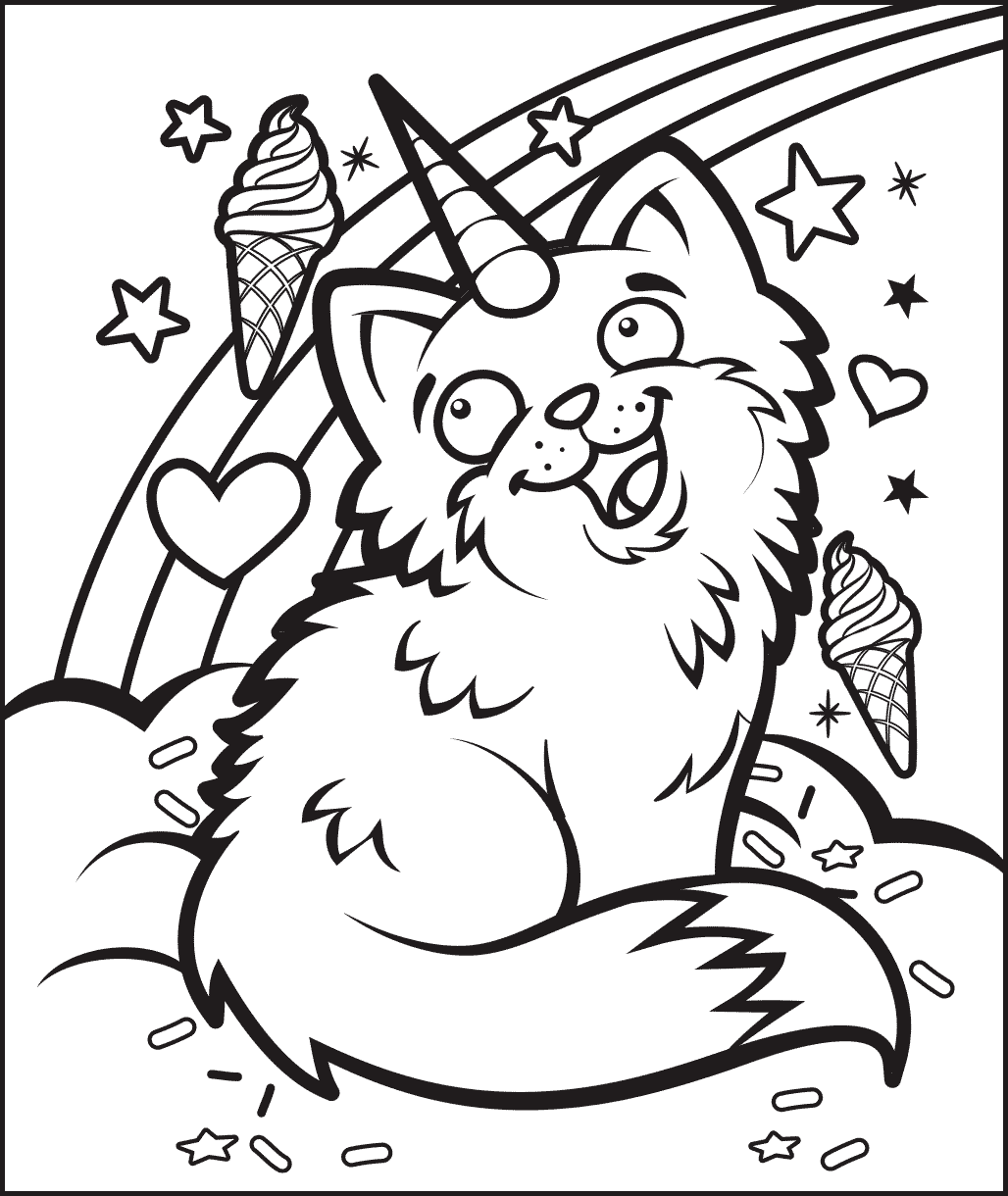 unicorn cat with ice cream and rainbows coloring sheet