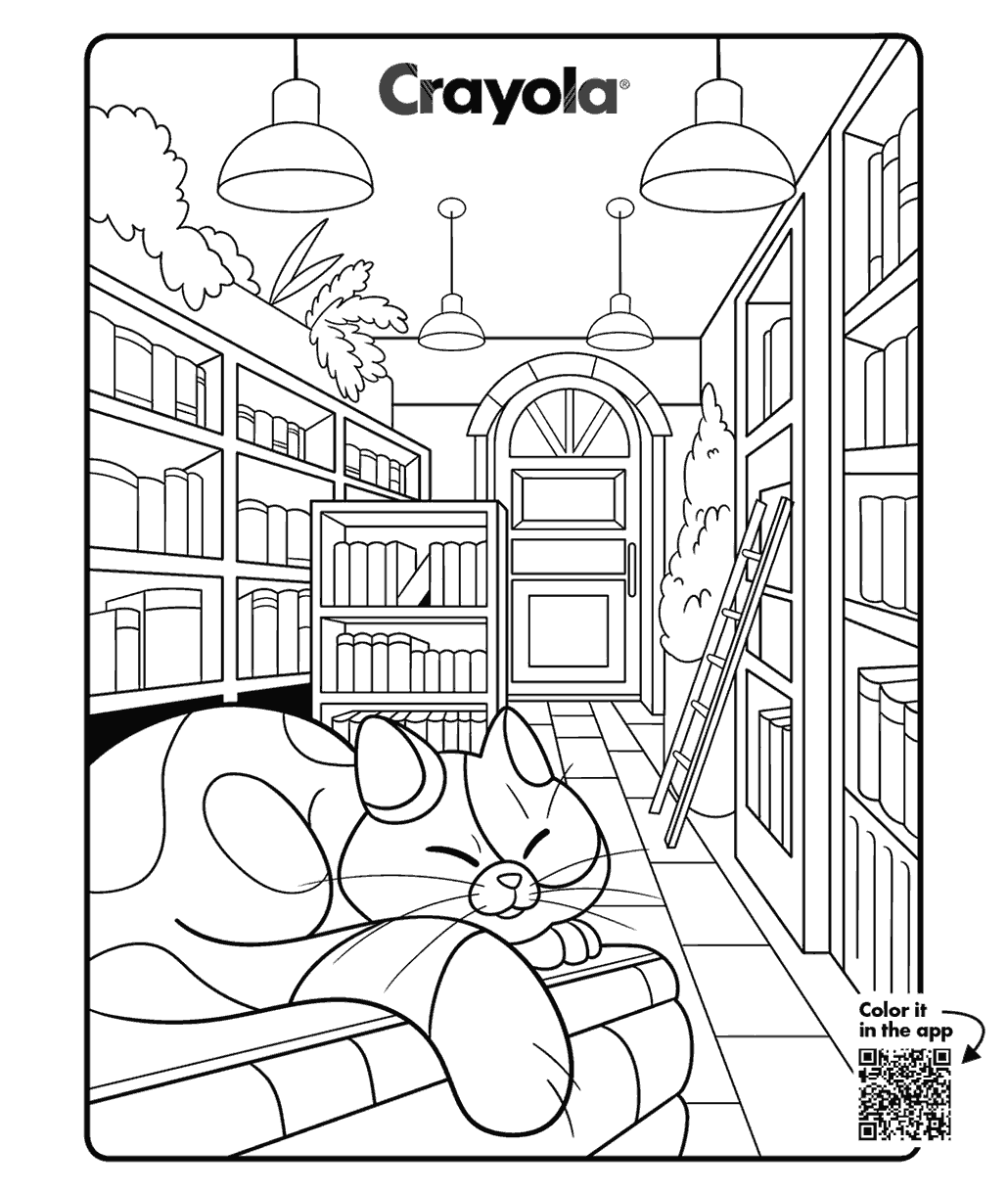 Cat coloring page with a curled up cat on books in a cozy library, printable or color in the Crayola Adult Coloring app