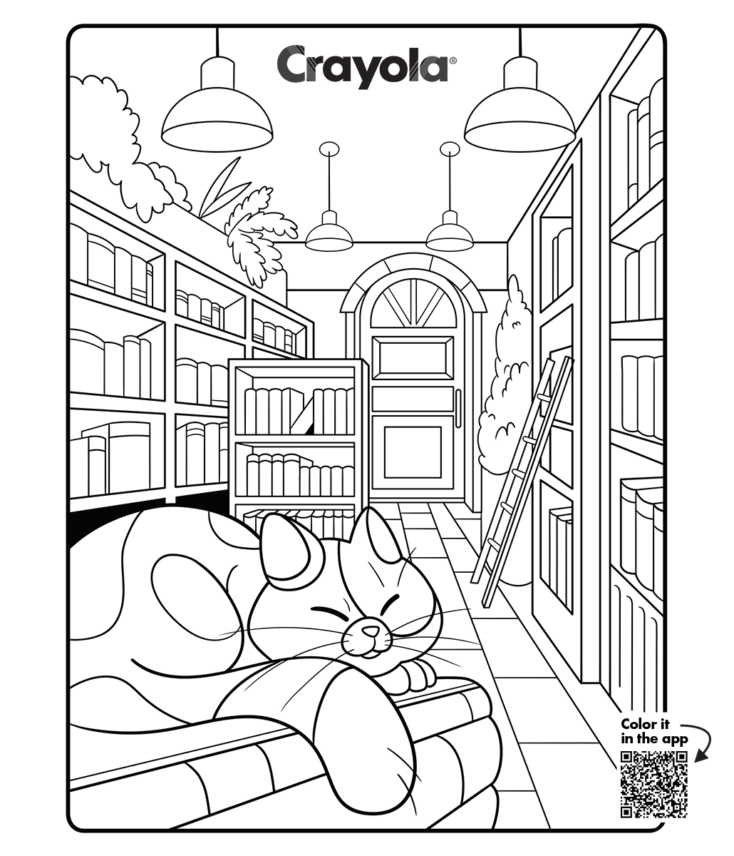 Cat coloring page with a curled up cat on books in a cozy library, printable or color in the Crayola Adult Coloring app