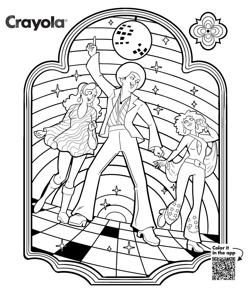 Disco dance coloring page with three dancers under a disco ball, retro patterns, printable or color in the Crayola Adult Coloring app