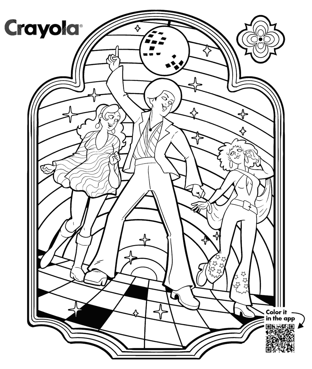 Disco dance coloring page with three dancers under a disco ball, retro patterns, printable or color in the Crayola Adult Coloring app