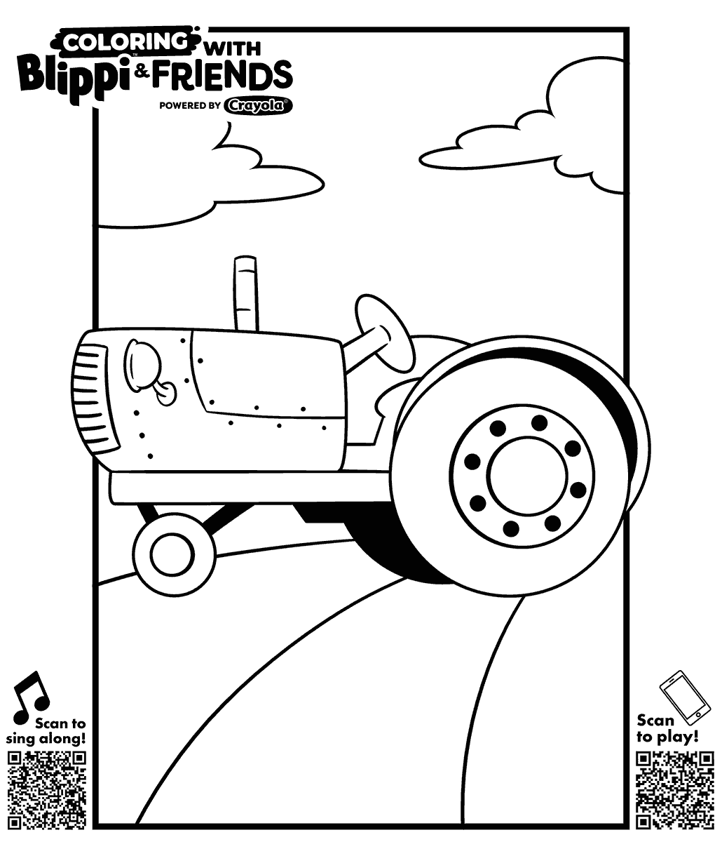 Blippi & Friends coloring page showing a farm tractor driving along a country path beneath clouds.