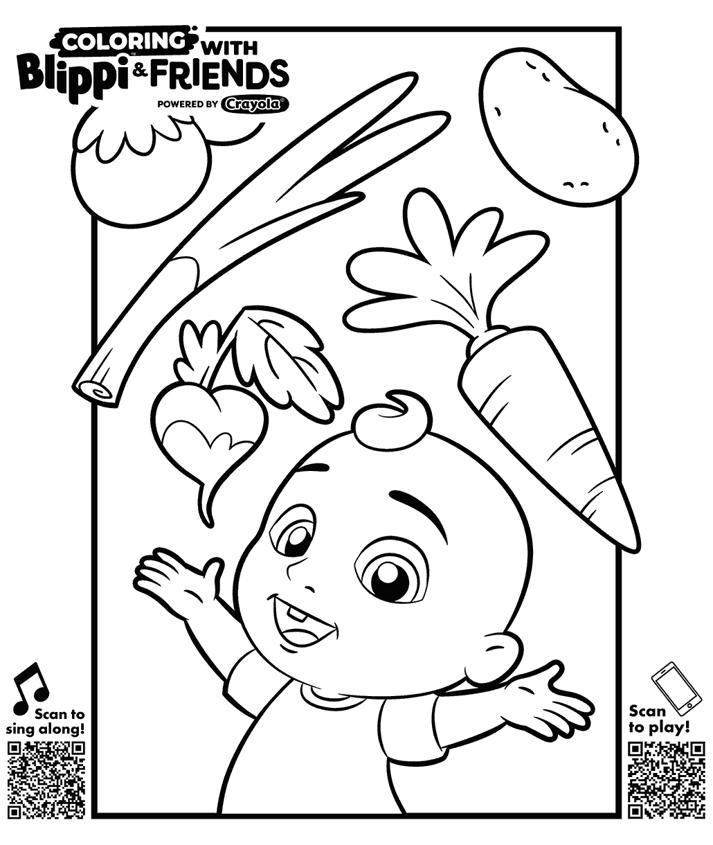 Blippi & Friends coloring page showing JJ surrounded by carrots, potatoes, tomatoes, beets, and other vegetables.