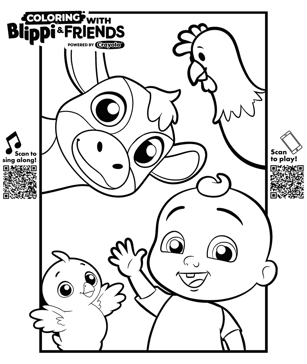 Blippi & Friends coloring page showing JJ with a cow, chicken, and chick in a farm animal scene.