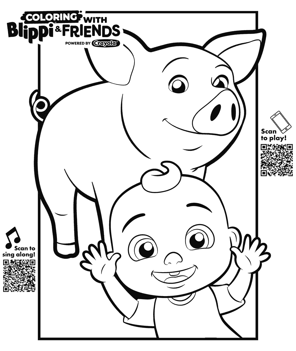 Blippi & Friends coloring page showing JJ waving beside a smiling pig.