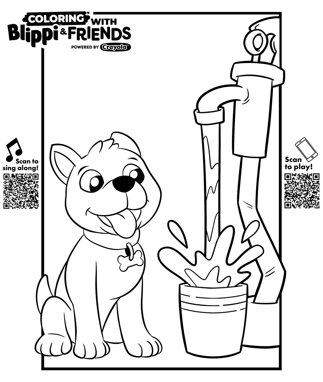 Blippi & Friends coloring page showing a puppy sitting beside a pet washing station with splashing water.