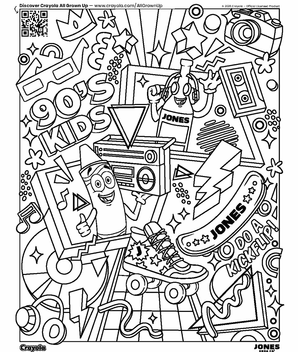 90's nostalgia coloring page featuring Crayola and Jones Soda characters surrounded by retro music players, roller skates, cameras, stars, and 90's-inspired designs.