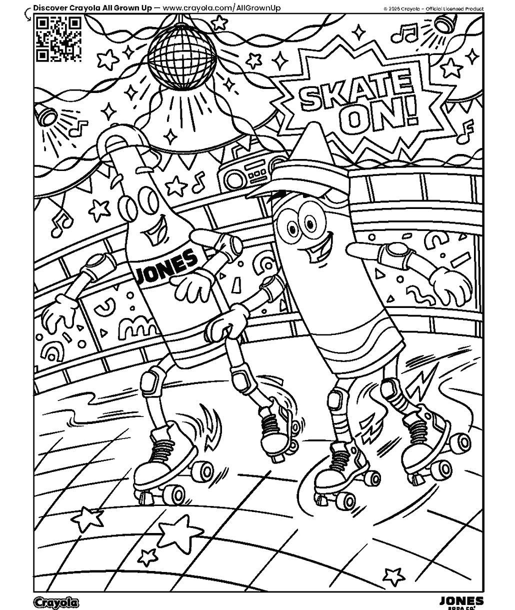 Roller skating coloring page showing Crayola and Jones Soda characters skating on a retro roller rink floor beneath a disco ball.
