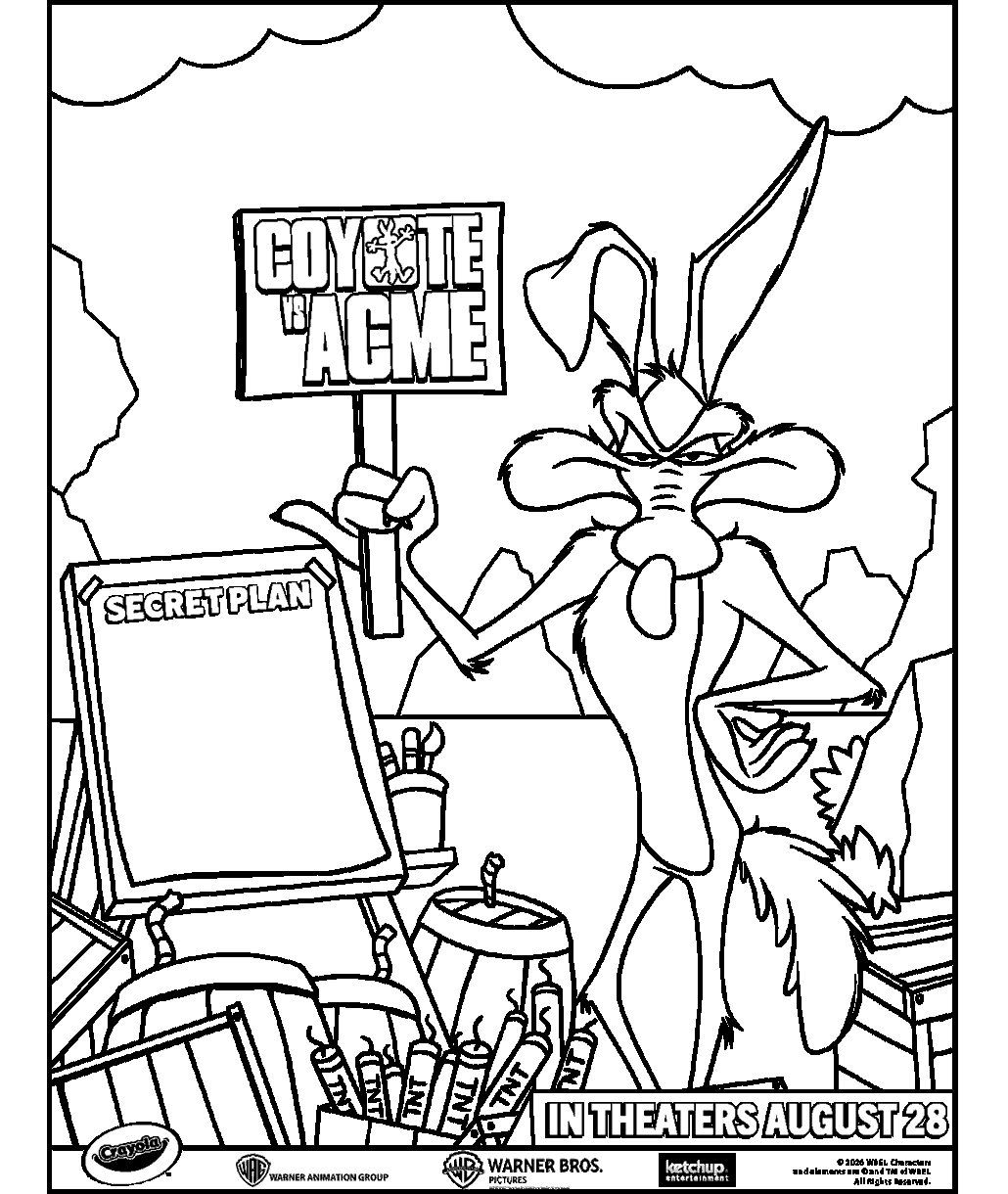 Coyote vs. Acme coloring page showing Wile E. Coyote standing beside a secret plan board while holding a Coyote vs. Acme sign.