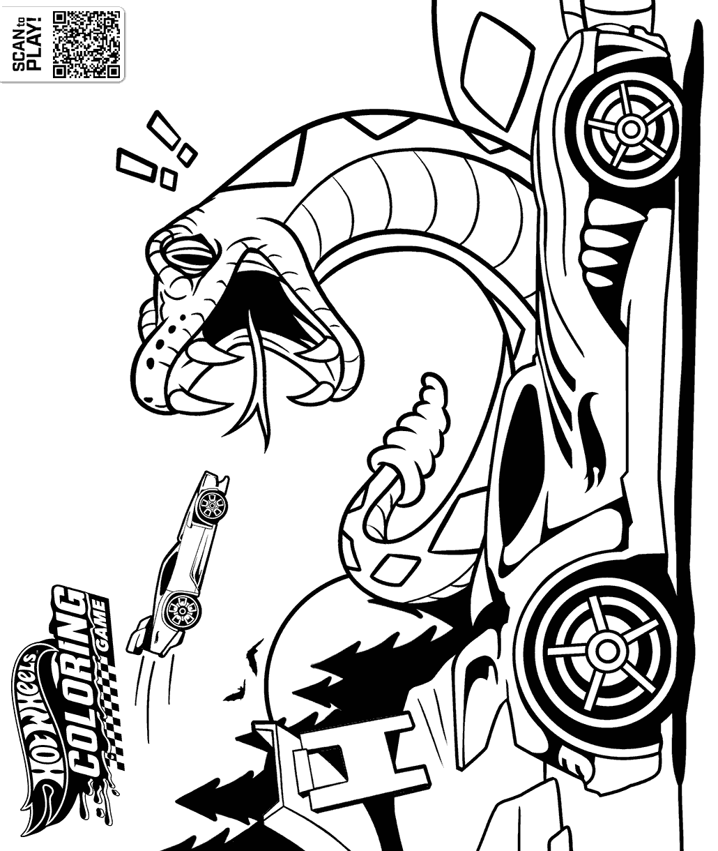 Hot Wheels coloring page showing a race car speeding past a giant snake emerging from a rocky landscape.